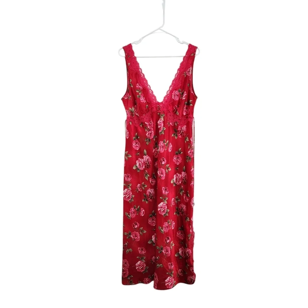 California Dynasty Vintage Women's Floral Robe and Nightgown Set Red Sz L